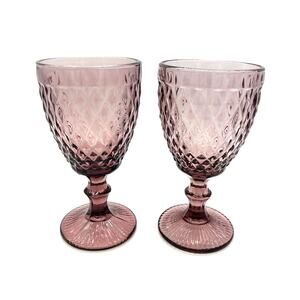 Vintage Glass Diamond Pattern Stemmed Purple / Plum Set of 2 Water Goblets 6.75"